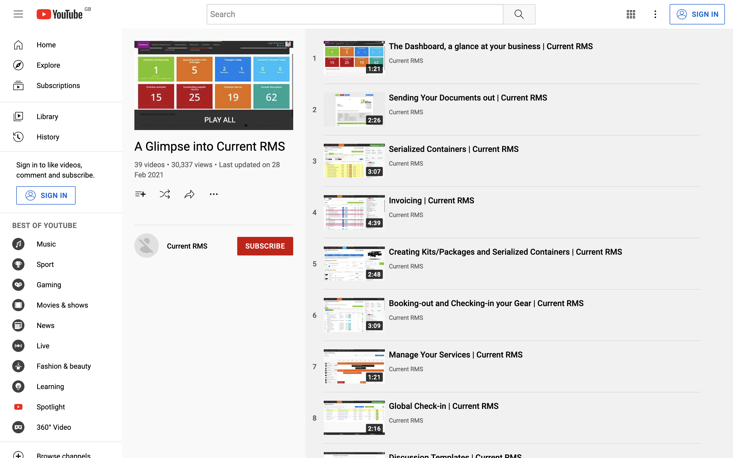 Screenshot of YouTube playlist page with a catalog of videos.