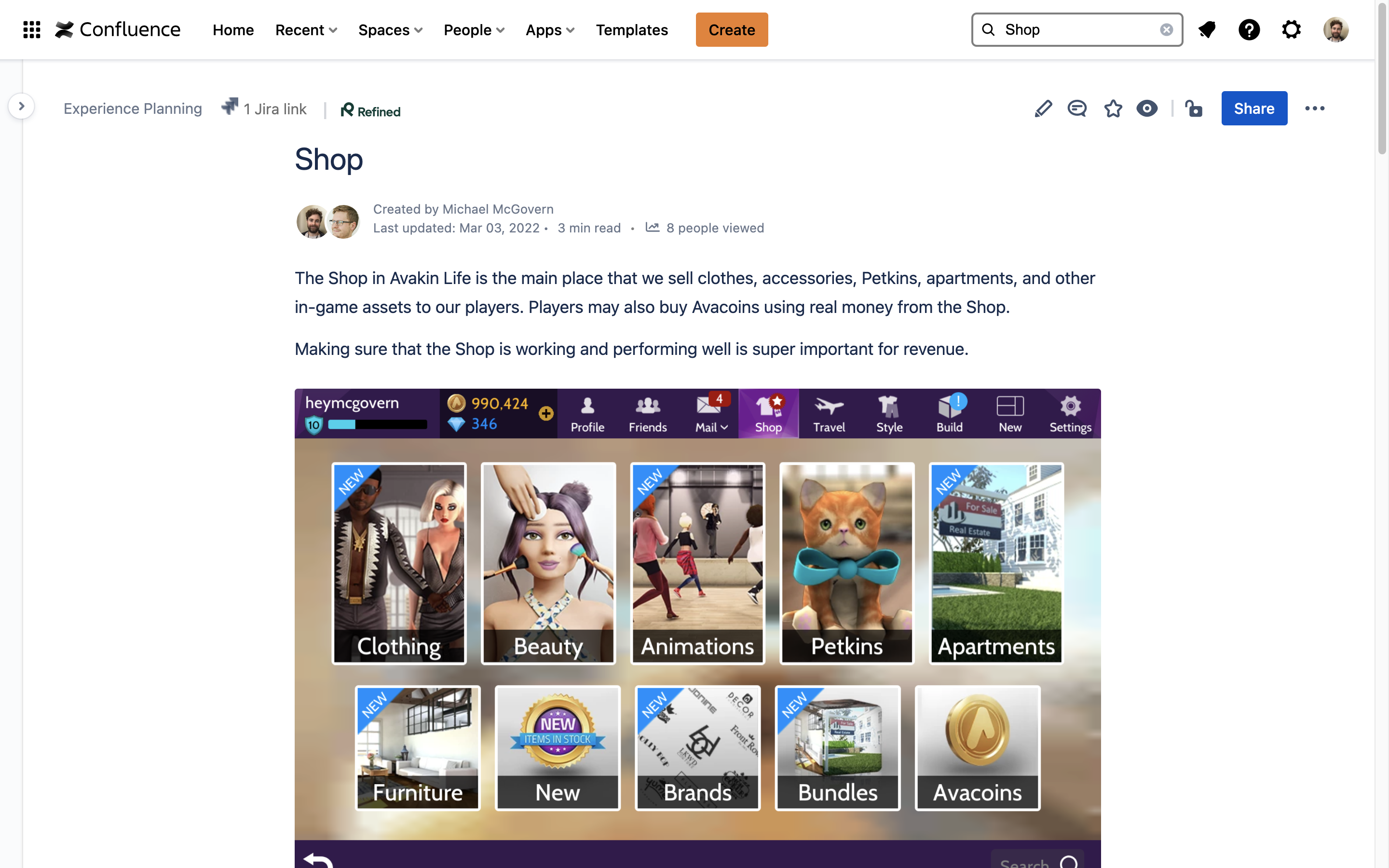 Screenshot of the in-game Shop docs homepage