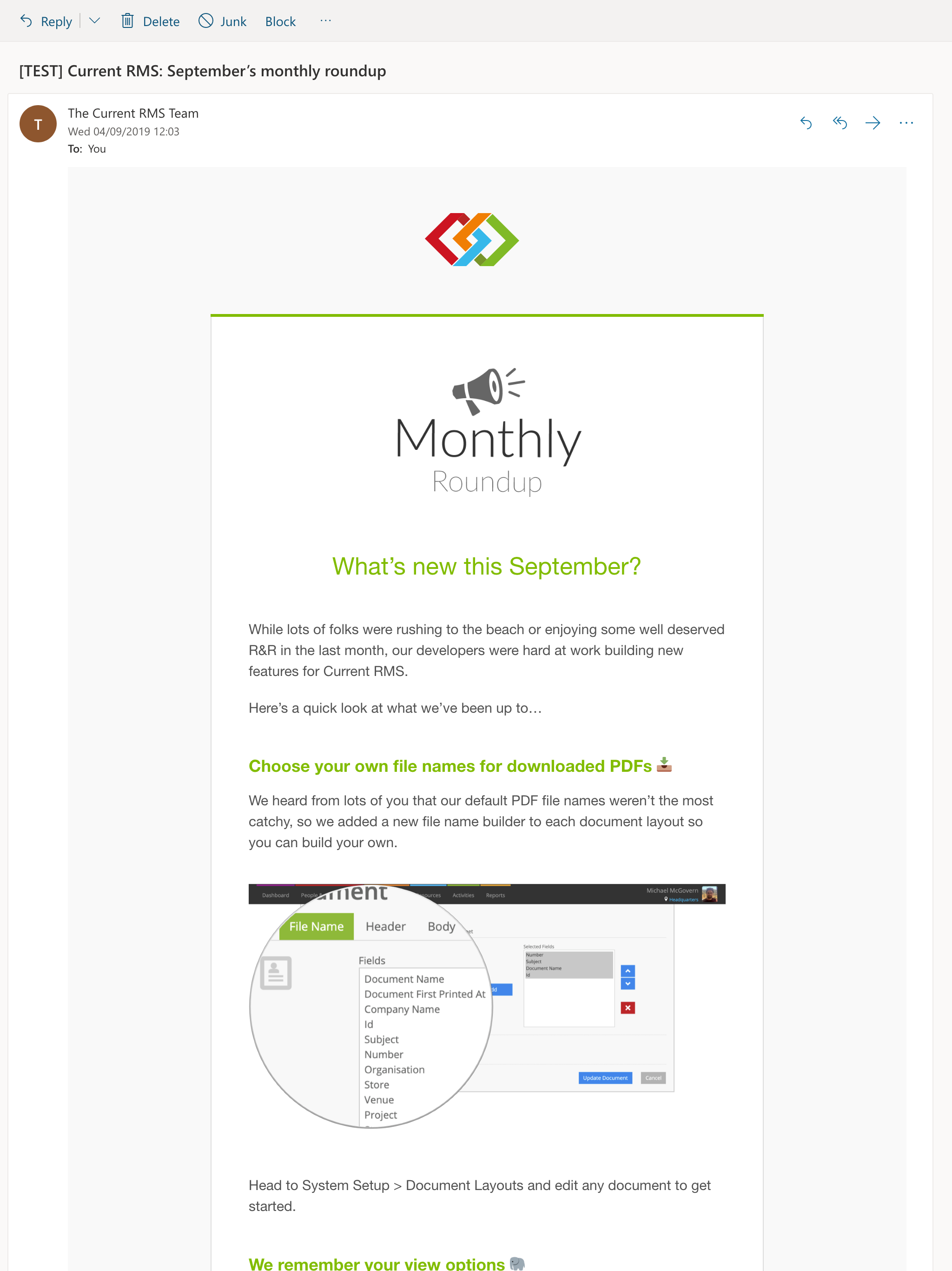 Screenshot of Monthly Roundup email from September